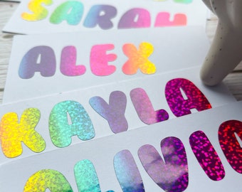 Personalised Vinyl Name Decal Sticker Kid Bottle Lunchbox School Label Rainbow Glitter Personalised Stickers Toys Boxes Labelling Organsing