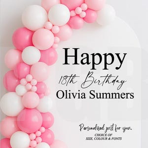 Op de afbeelding: Een decoratief ontwerp met een ballonnenboog in roze en wit. De tekst luidt "Happy 18th Birthday Olivia Summers" met extra tekst: "Personalised just for you. CHOICE OF SIZE, COLOUR & FONTS."