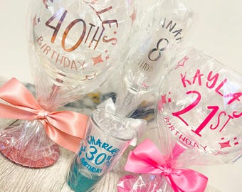 Personalised Name Glitter Wine Gin Glass Birthday Gifts 18th 21st 30th 40th 50th 60th  Wedding Hens Events ~15 Colours Happy Birthday
