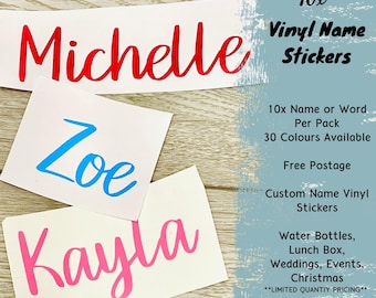 10x Personalised Vinyl Name Stickers ~ Any 10 Names 30 Colours for Water Bottle, Crafts, Wedding, Events, Labelling, Lunch Box, Gifts F9
