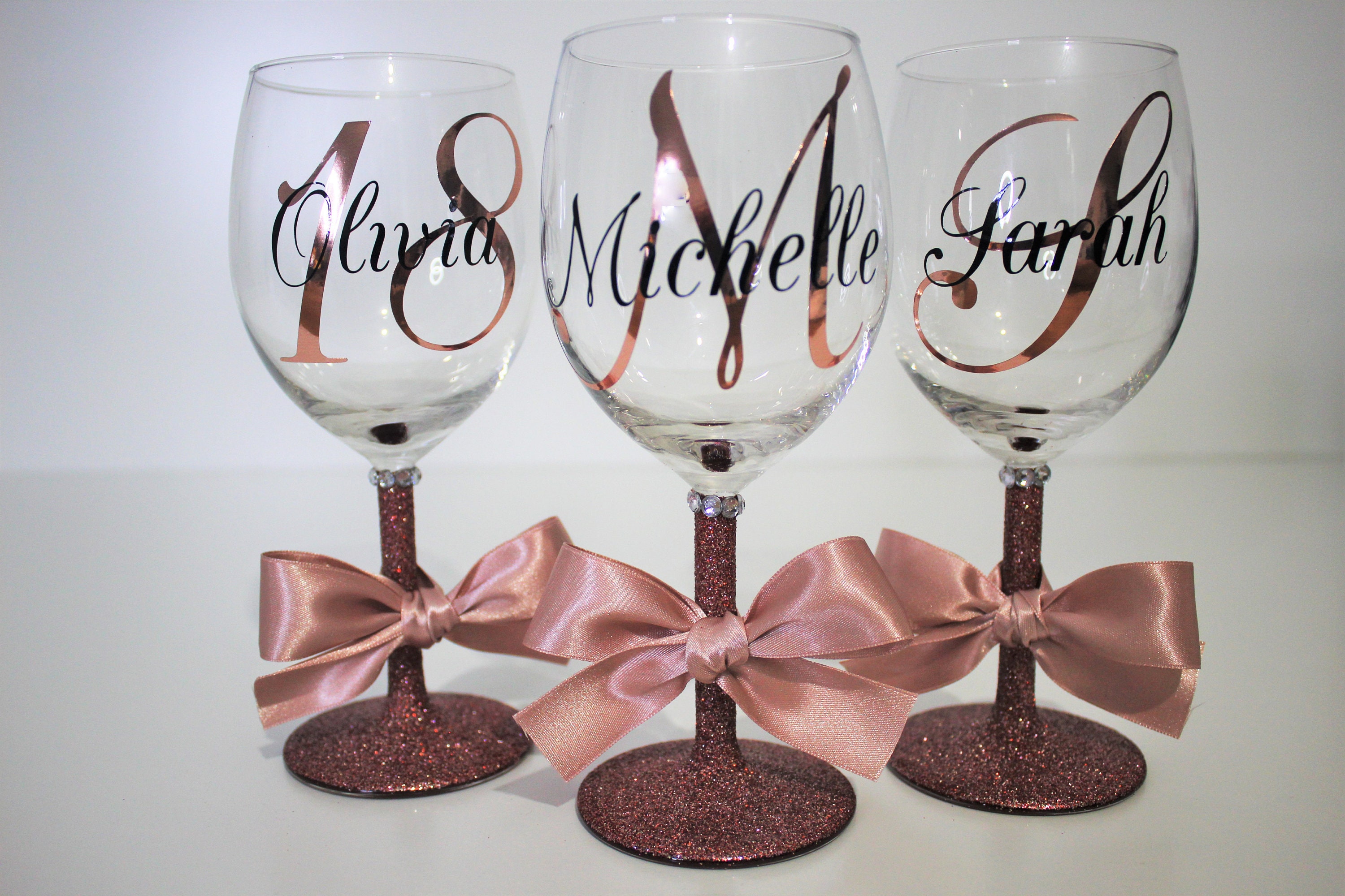 Personalised Rose Gold Glitter Wine Glass Monogram Birthdays Etsy