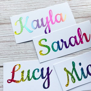 Personalised Vinyl Name Decal Sticker Kid Bottle Lunchbox School Label Rainbow Glitter Personalised Stickers Toys Boxes Labelling A3 image 2