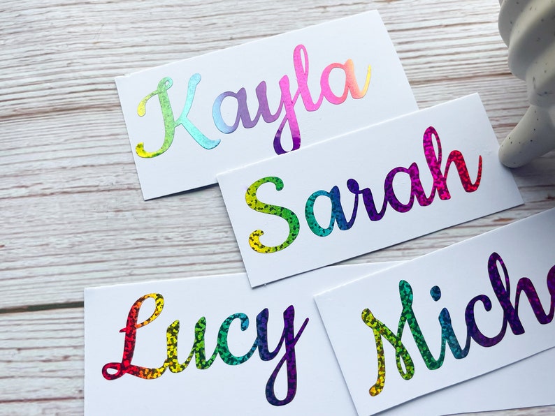 Personalised Vinyl Name Decal Sticker Kid Bottle Lunchbox School Label Rainbow Glitter Personalised Stickers Toys Boxes Labelling A3 image 2