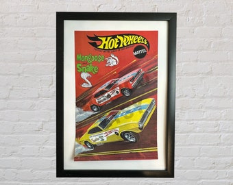 Vintage 1970 Hot Wheels Redlines Racing Poster Mongoose & Snake  Cars 11”x 17” Not Framed REPRO Hot Wheels Gifts Wall Art
