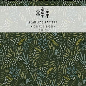 Op de afbeelding: Naadloos patroonontwerp met een donkergroene achtergrond, met een herhalend motief van gestileerde bladeren, bessen en twijgen in groen, blauw en geel. Het ontwerp bevat de tekst "SEAMLESS PATTERN" en beeld afmetingen.