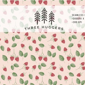May include: A seamless pattern of red strawberries and green leaves on a pale pink backdrop. The design includes the text "THREE HUGGERS" and the specifications: 3000PX X 3000PX, 300 DPI.