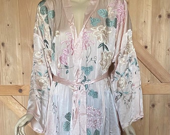 Real natural Silk satin luxury kimono/robe with all hand embroidery in baby pink  - real silk robe