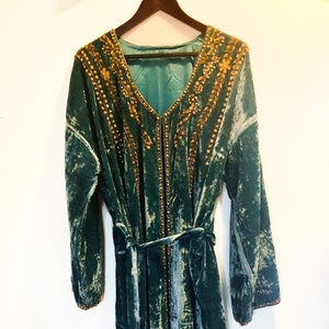 Hand beaded 100% pure Silk velvet kimono (Robe) real silk velvet coat in teal green and antique gold