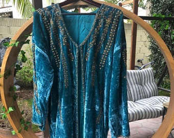 Hand beaded 100% pure Silk velvet kimono (Robe) real silk velvet coat in turquoise blue