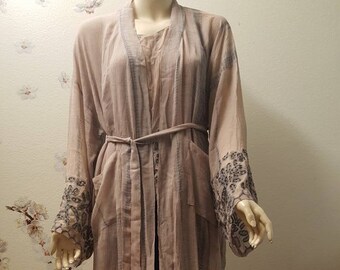 Shibori hand dyed kimono (Robe) with applique and wood beads in real silk chiffon-