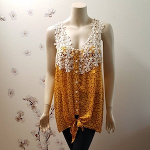 Spring sale 10% off- Silk Yellow and white lace knotted top racerback crepe silk tank-