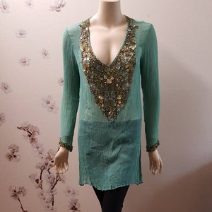 Spring sale 10% off- Pure silk sea green kurti kurta/ silk chiffon beaded top tunic-