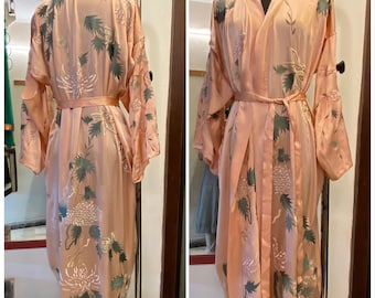 Real Silk satin luxury kimono/robe with all hand embroidery in peach - real silk robe