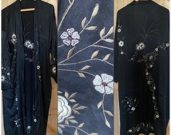 Real Silk satin luxury kimono/robe with all hand embroidery in black- silk robe