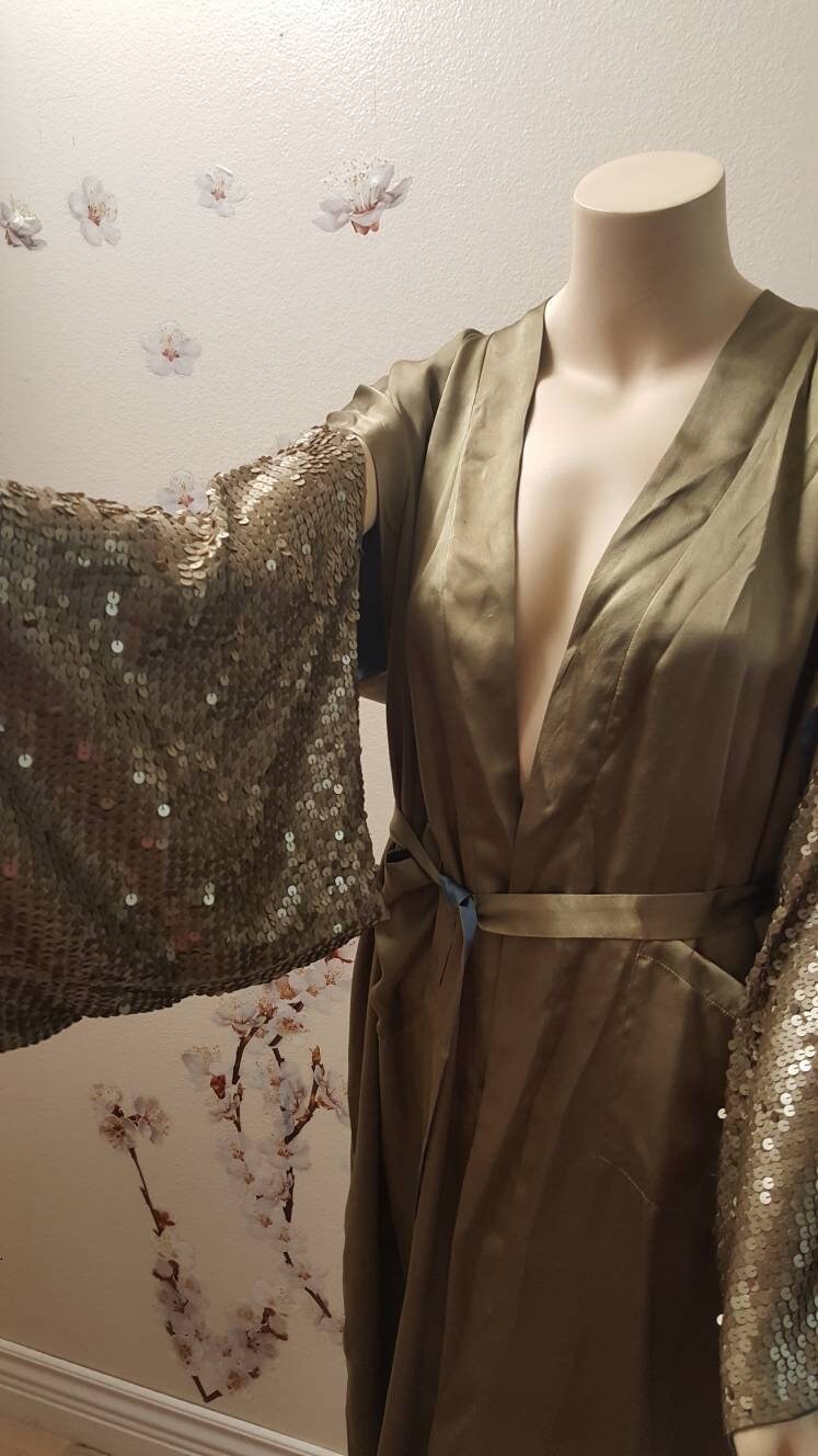 Reversible Satin Robe Olive and Denim Reversible Silk Satin Kimono (robe) With Sequined ...