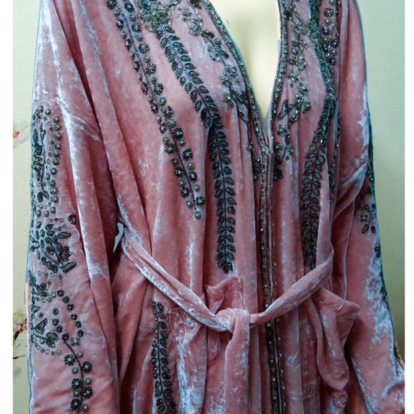 Hand beaded 100% pure Silk velvet kimono (Robe) real silk velvet coat-   /Luxury clothing