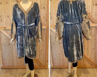 Vintage looking Hand beaded 100% pure Silk velvet and silk satin kimono (Robe) real silk velvet coat/ gray velvet jacket
