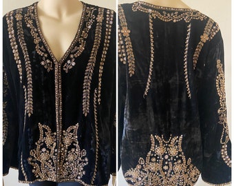 Hand beaded 100% pure Silk velvet jacket (Robe) real silk velvet coat/ black velvet jacket