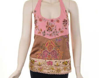 Pink and Peach Halter neck fully hand beaded embroidered top-   /Luxury clothing