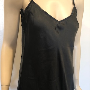 Real silk satin black slip short dress/tunic natural silk cut in bias cami - hip length Adjustable strap lingerie-