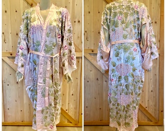 Real natural Silk satin luxury kimono/robe with all hand embroidery in peach - real silk robe