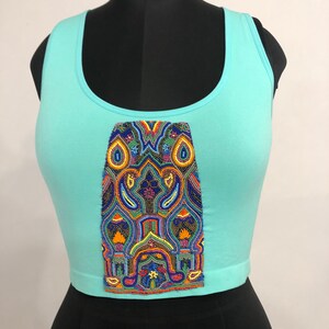 Hand beaded and embroidered multi colored aqua tank top/ hand embroidered crop top