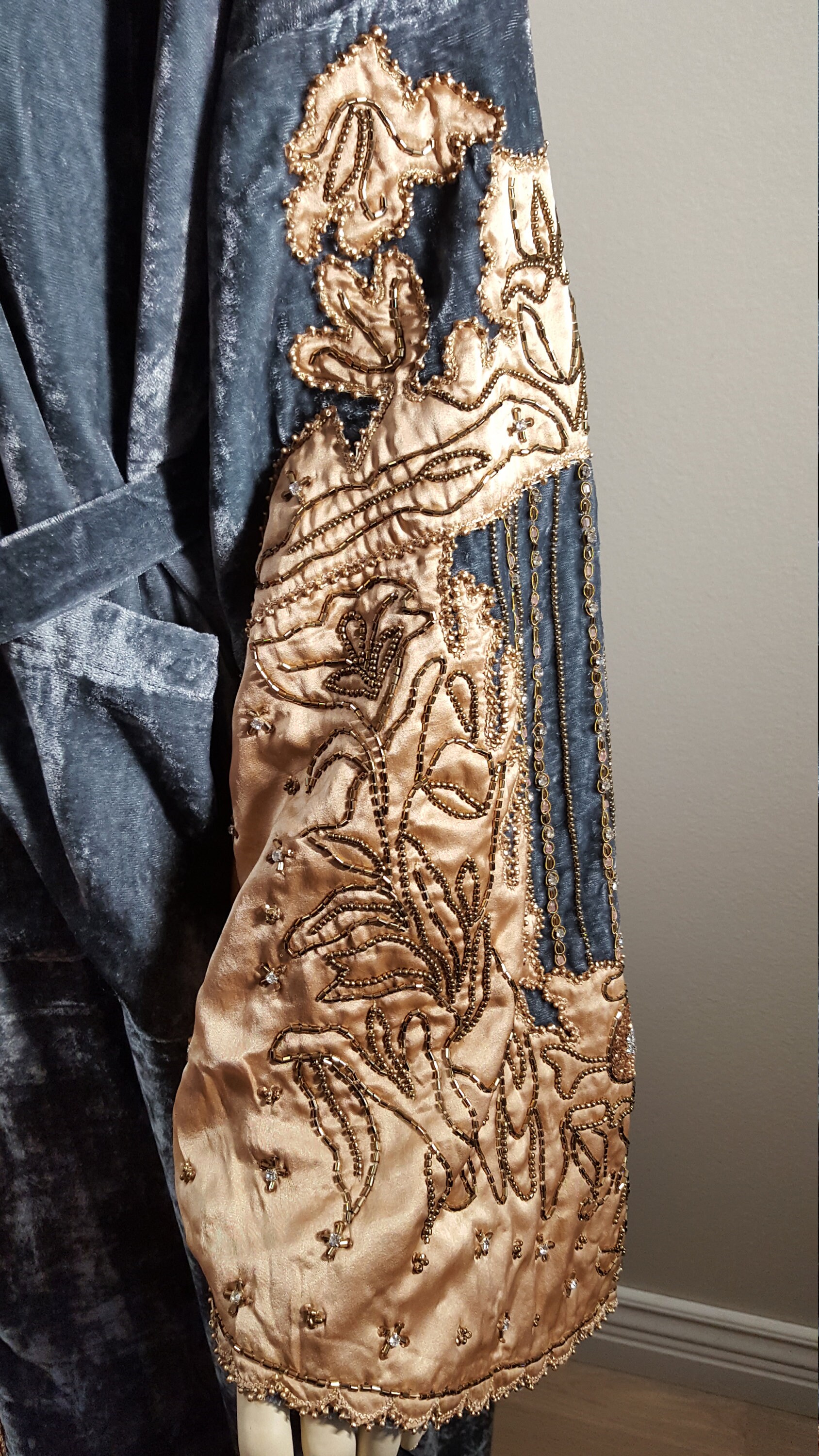 100% Pure Silk Velvet and Satin Applique Beaded Kimono (robe