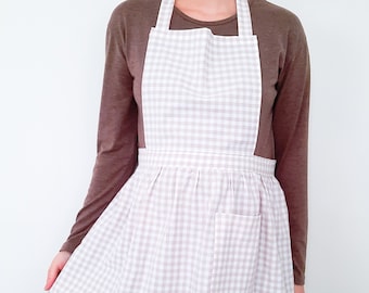 Gingham Apron for Women, taupe gingham cotton apron, pinafore style apron, gathered apron, vintage style apron, gift for mom, gift for her