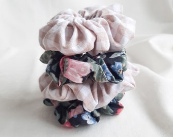 Handmade scrunchies, gingham cotton scrunchies, floral hair scrunchies