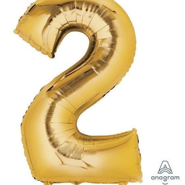 34" Anagram Gold Number 2 Two Super shape Foil/ Mylar Balloon