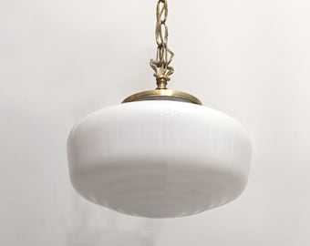 Mcm vintage art deco style pendant light with white opaline globe from the 1950s art deco chandelier
