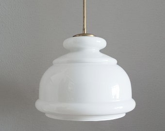 Large Art deco pendant light with a white opaline glass globe and brass rod circa 1930