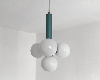 Atomic blue atomic sputnik pendant light with four opaline globes Space age circa 1970 Vintage hanging light with white glass shades