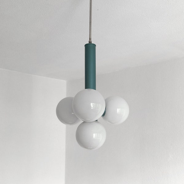Atomic blue atomic sputnik pendant light with four opaline globes Space age circa 1970 Vintage hanging light with white glass shades