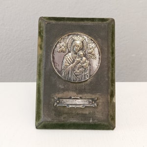 Small antique silver plated table plaque with round image of Virgin and Jesus child circa 1920