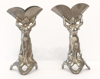 Dinner place card holders, vintage art nouveau silver metal place card holders with figure 1940s