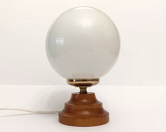 Nordic style wooden side table lamp with a white opaline glass globe and gold tray circa 1970 small vintage MCM wooden table lamp
