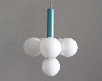 Space age blue atomic sputnik pendant light with six opaline globes circa 1970 Vintage blue ceiling light with white glass globes