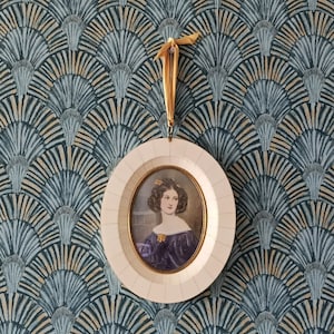 Vintage miniature picture in white bone inlay frame in bombé glass circa 1950 signed hand painted oval miniature of lady with convex glass