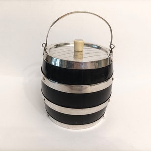 Vintage silver plate and wood ice bucket circa 1950 mcm barrel ice bucket