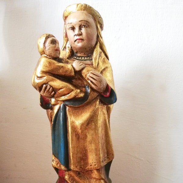 Estatua de madera de la Virgen María y el niño de la figura vintage de la década de 1960 de la Virgen española