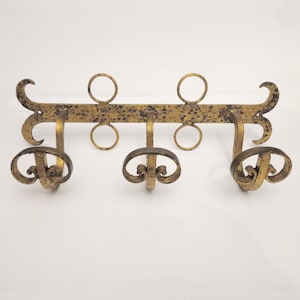 Vintage wrought iron coat hanger with gold leaf circa 1950s brutalist coat hanger entryway coat rack antique bathroom hook towel hanger