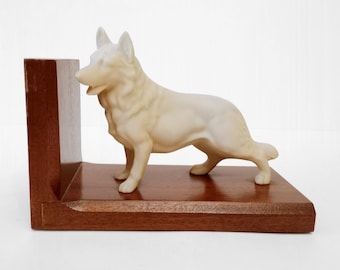 Vintage biscuit porcelain and wood bookend with Alsatian circa 1960 Art deco bookend with dog