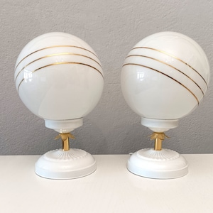 Pop era pair of side table lamps with white globe with gold stripes circa 1970 small MCM pair of tables lamps with white shades