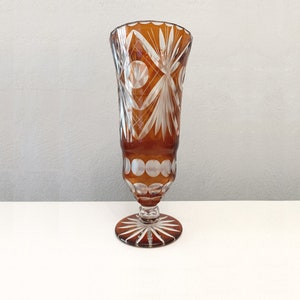 Mcm vintage amber crystal cut glass vase from the 1960s Bohemian cut glass vase