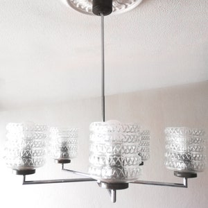 Mid-century Nordic style chrome and wood pendant light with five geometric cut glass shades 1960s