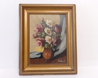 Peinture à l'huile vintage Mcm représentant des roses et des marguerites par l'artiste espagnol vers 1950 petites roses de nature morte encadrées et signées