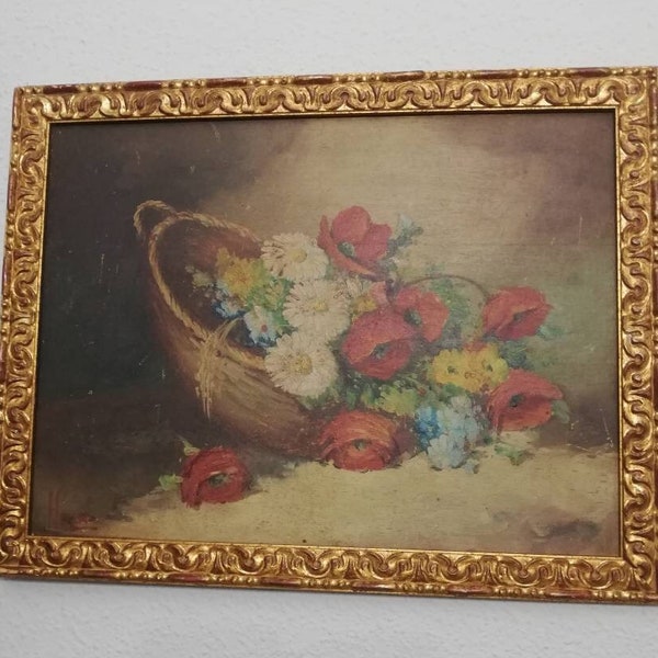 Peinture à l’huile originale vintage du milieu du siècle moderne encadrée et signée de fleurs de nature morte dans le panier des années 1930