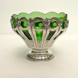 Antique French Ercuis LUTETIA silver plated  bowl with green glass insert circa 1910 footed round dish or bowl from France