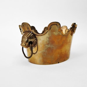 Brass planter from India with lion head handles circa 1990 Small brass planter cachepot brass bowl pot holder jardiniere